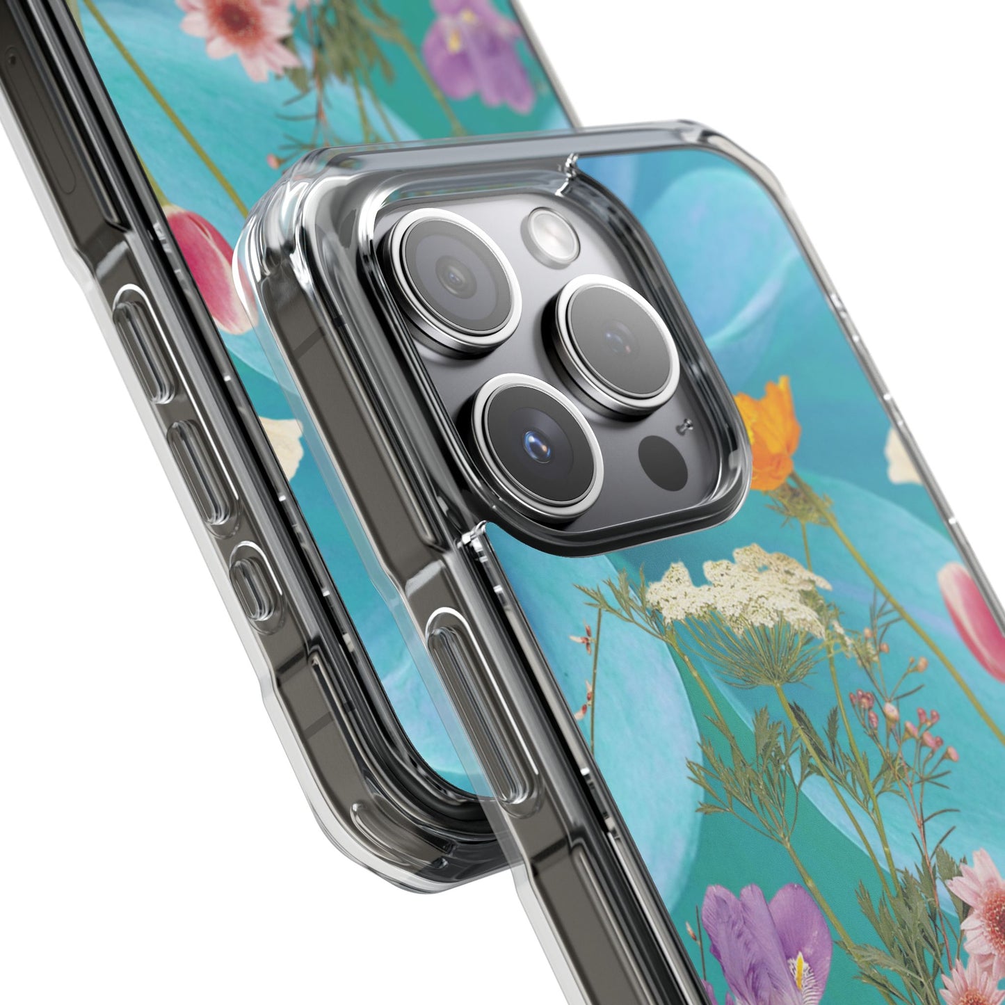 Magnetic Clear Impact Phone Case - Field Summer Flowers on Blue Dahlia Background