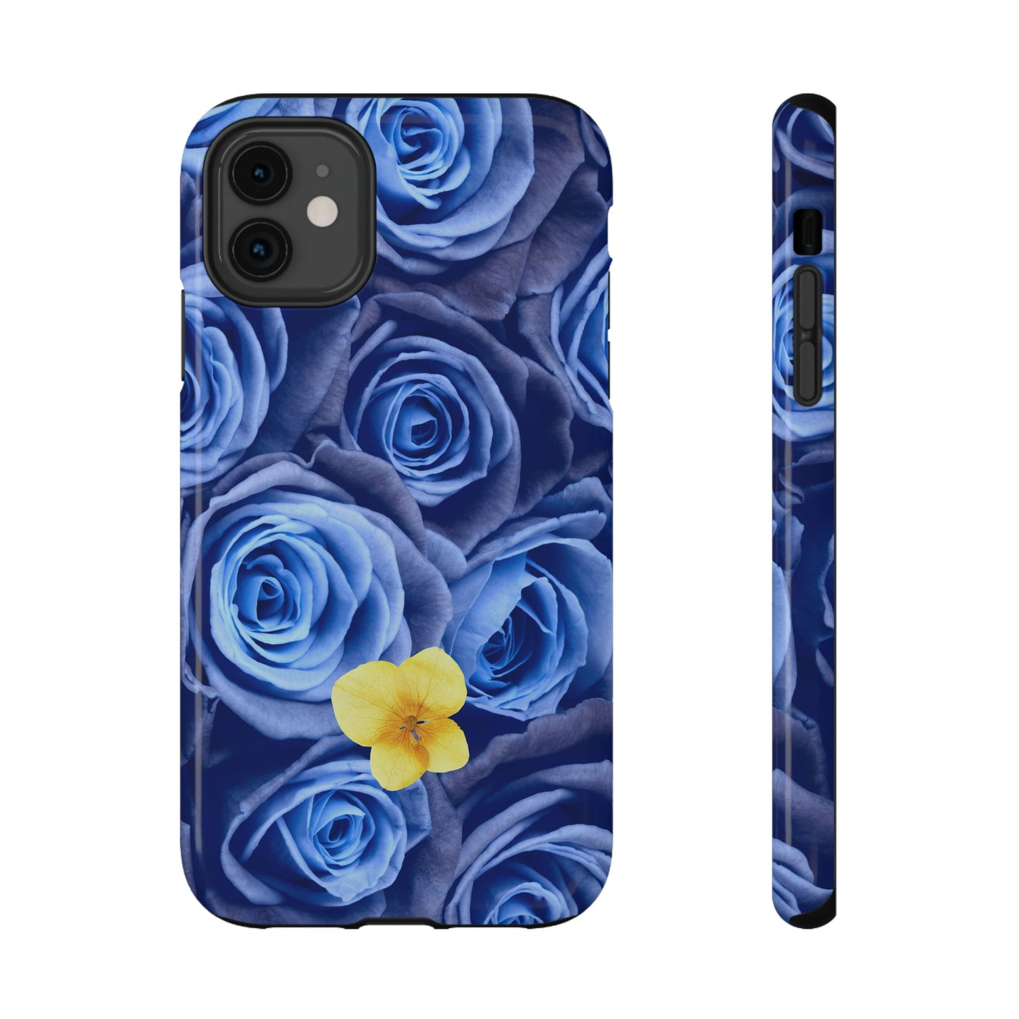 Impact-Resistant Phone Case - Blue Roses & Yellow Flower Design